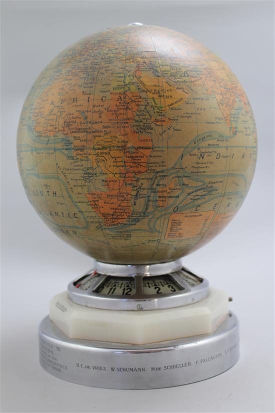 A Jaeger Le Coutre globe timepiece, height overall 10.5in.